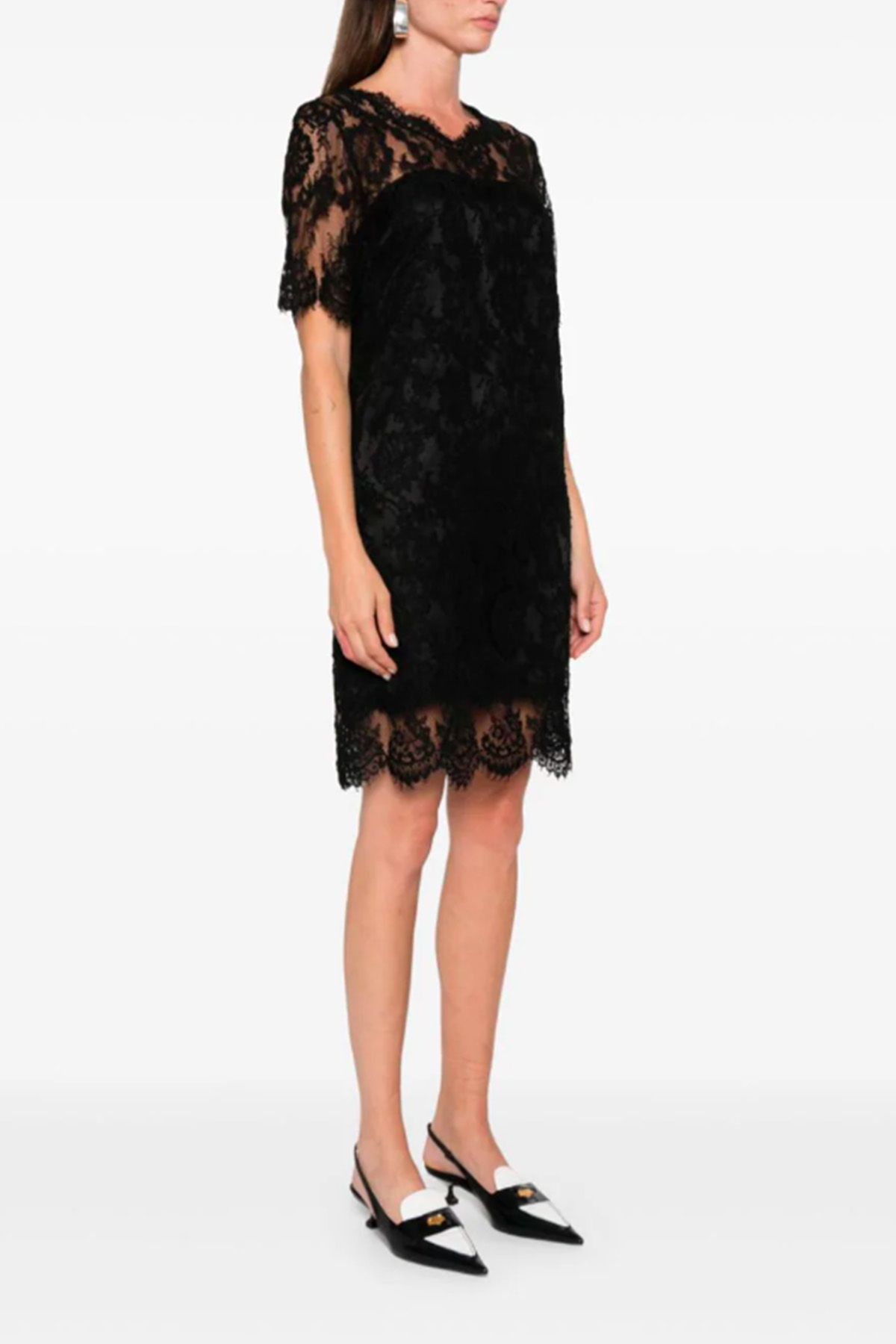 chinese dress ladies Long lingerie-style dress in silk with black and white lace